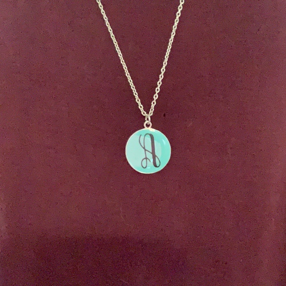 long necklace with with teal A charm